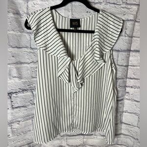 W5 Black and White Striped Ruffle V-Neck Sleeveless Blouse